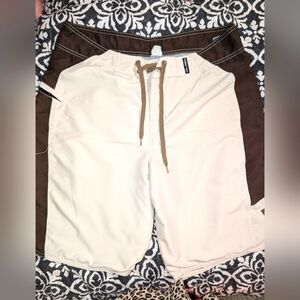 Volcom 36 Mens Swim Trunks Brown Tan & Cream Drawstring Waist